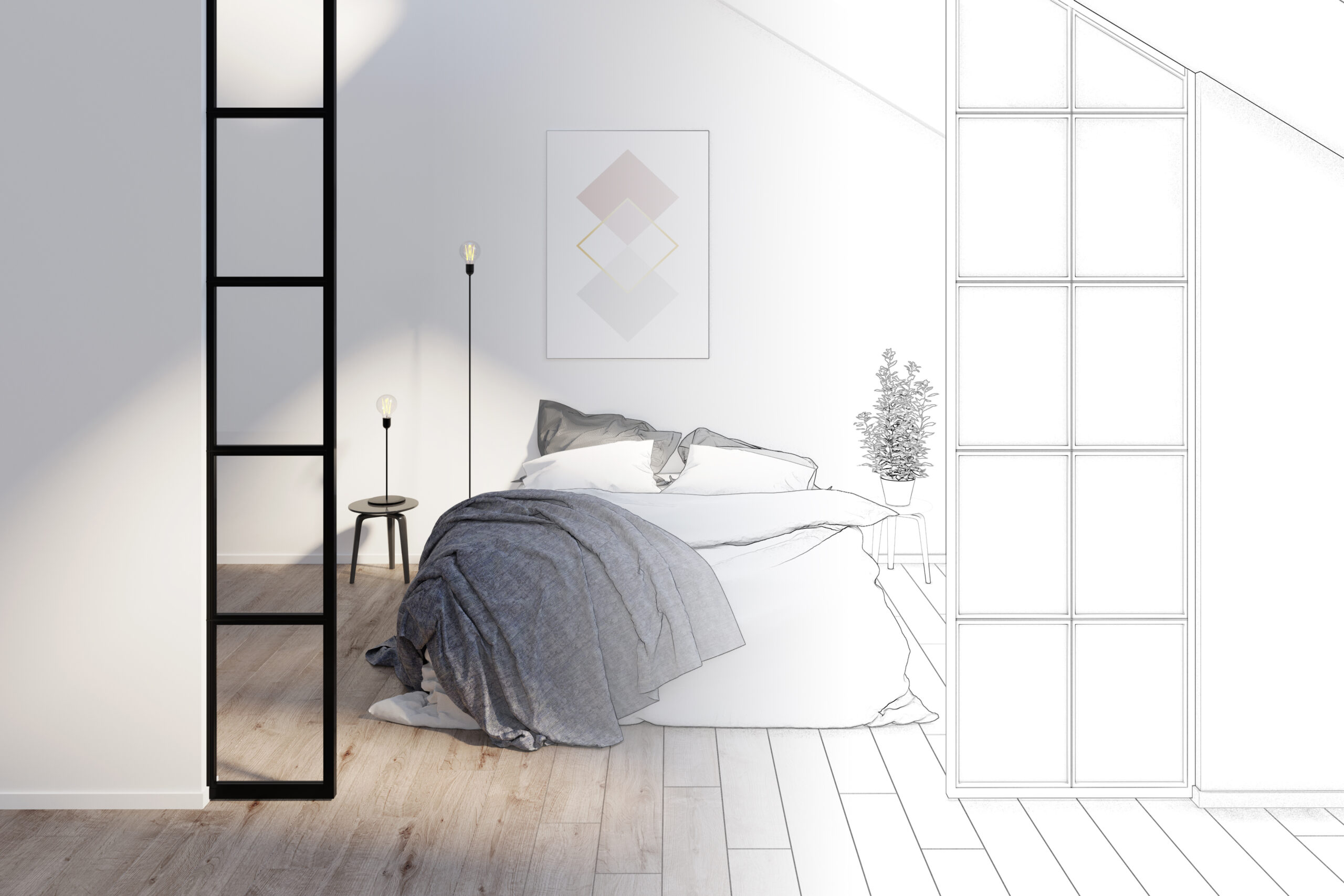 The sketch becomes a real white bedroom in the attic with parquet flooring. Vertical poster above the bed located between the lamps and a stool with plants. 3d render